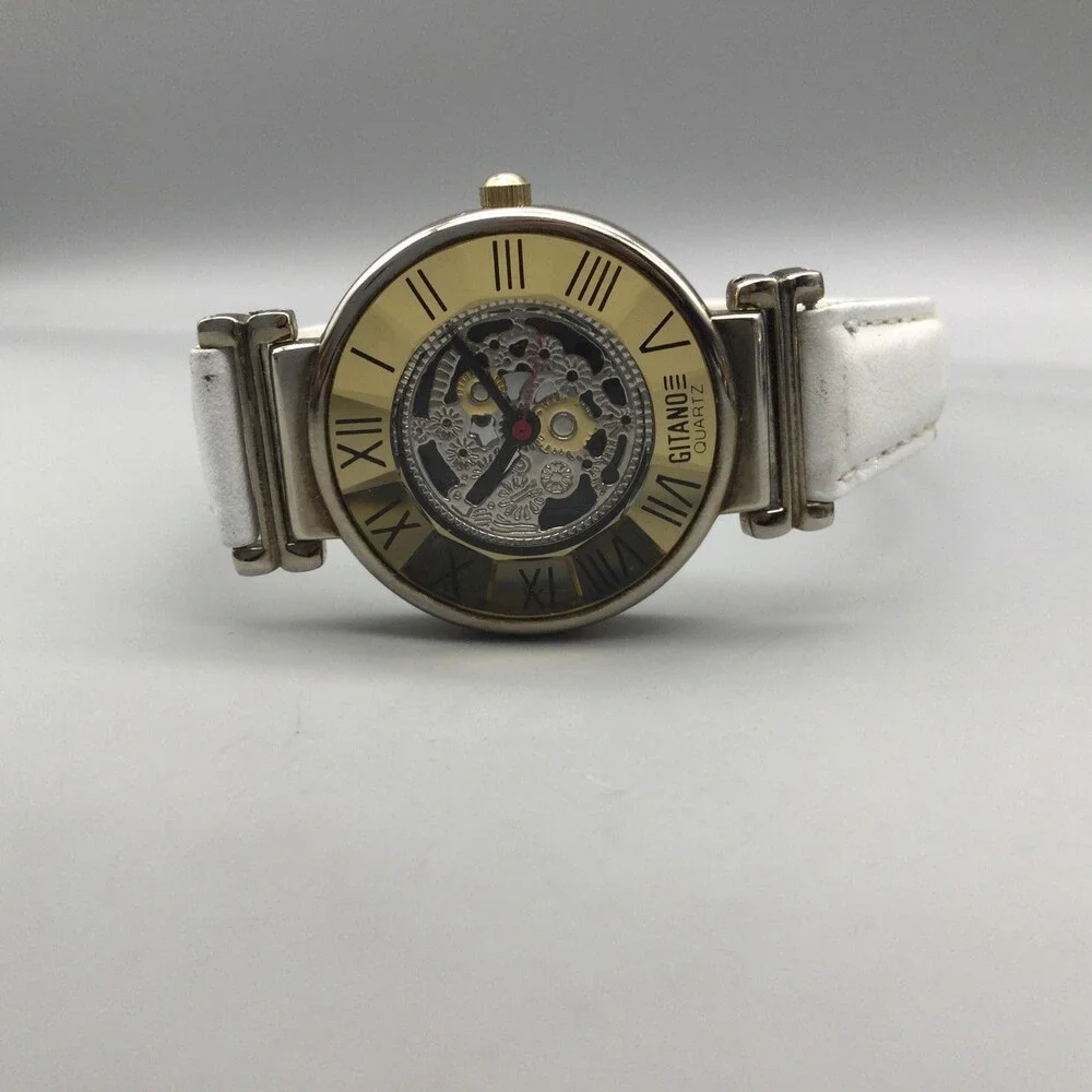Vintage Gitano Womens Watch 30mm Skeleton Gold Dial White Leather New Battery
